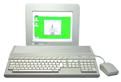 Najnovšia rada ST, počítač Atari 1040ST s farebným monitorom Atari SC1224 a dvojtlačidlovou myšou. 
